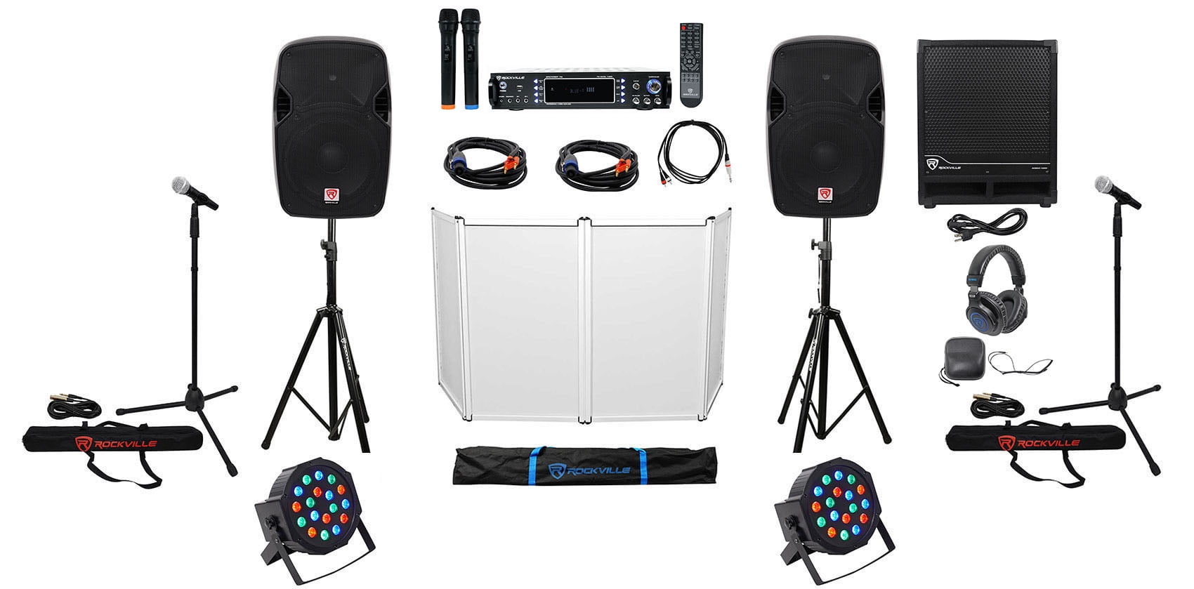 (2) 12" DJ Speakers+Sub+Amplifier+Headphones+Facade+Par Lights+Mics+Stands+Cables