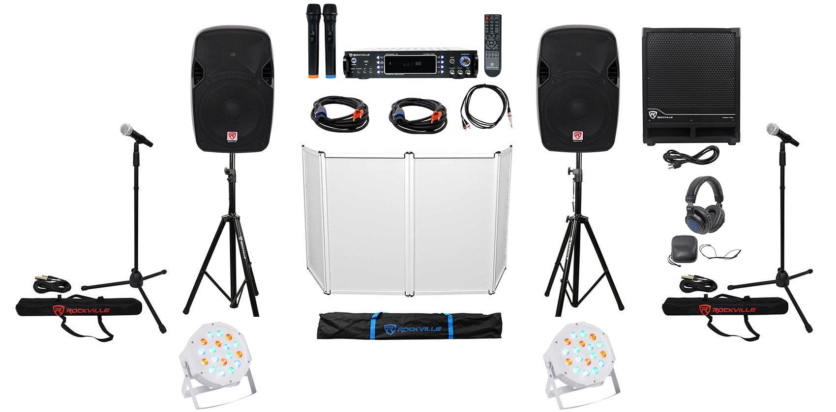 2) 12" DJ Speakers+Sub+Amplifier+Headphones+Facade+Par Lights+Mics+Stands+Cables