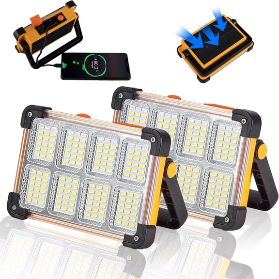 2 120W Solar Work Light, 144 10000LM Portable Flood Light with Stand, IP66 4 Modes Job Site Lighting Flashlights for Mechanic Camping Fishing Repair