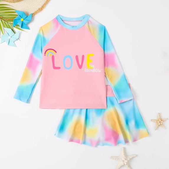 2-12Y Girls Rash Guards Swimsuit Long Sleeve Swim Shirts + Swim Culottes Cover-up Skirts Set, Uccdo Little Girl 2 Pieces Bathing Suits For Beach Swimming Pool Party