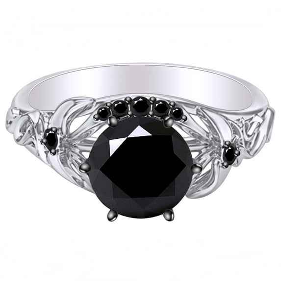 AFFY 2.13 Carat Round Shape Black Natural Diamond Engagement Ring 14K Solid White Gold Ring Size-5