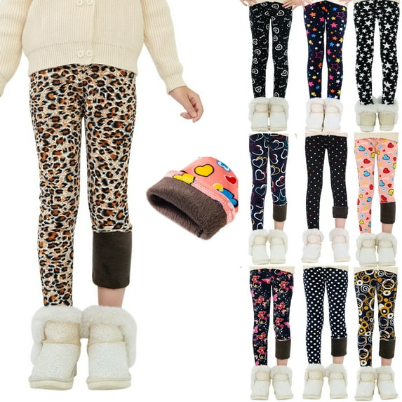 2-13Years Kids Girl's Stretchy Printed Leggings Thick Winter Warm Fleece Lined Pants