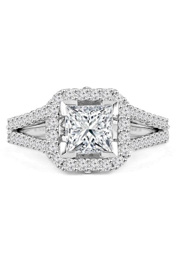 2.14 CTW Princess Diamond Split Shank Radiant Halo Engagement Ring in 14K White Gold - Size 4.25