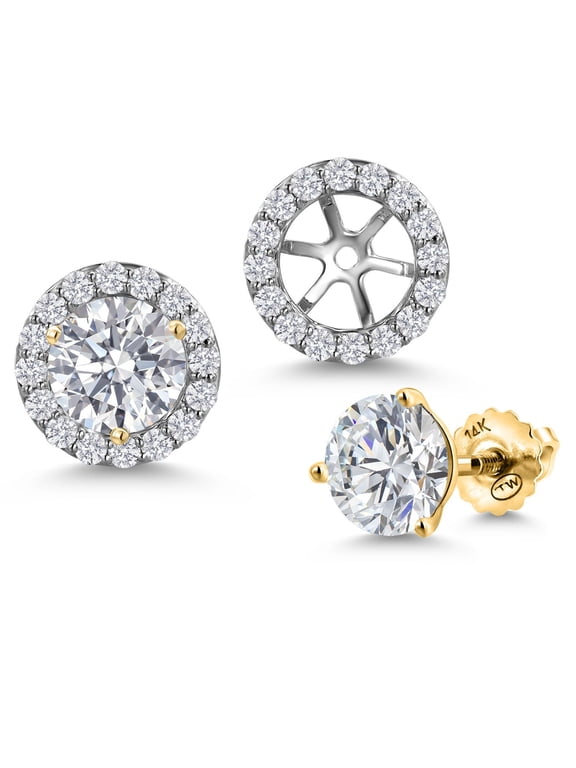 2.14 Cttw 14K Two-Tone Gold IGI Certified Lab Grown Diamond Removable Jacket Stud Halo Earrings for Women | Center Round 1.50 Cttw | D-E Color | VS1-VS2 Clarity | Stud Earrings with Secure Screw Back