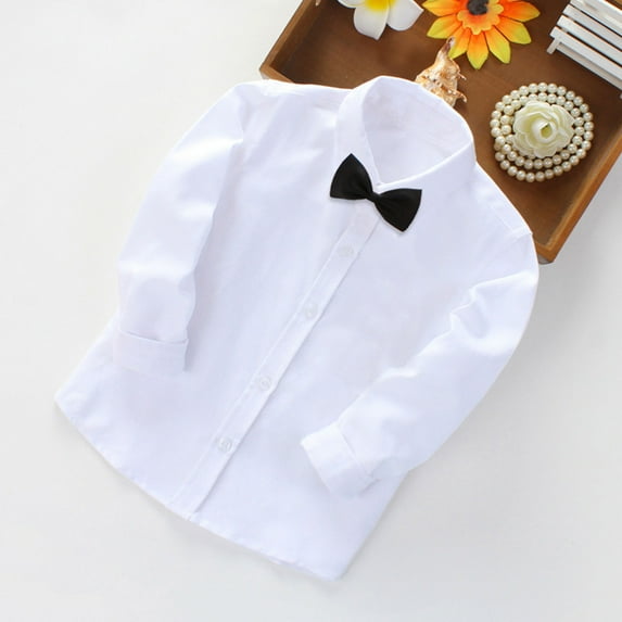 2-14 Years Boys School Uniform Shirts Long Sleeve,Cotton Boys Button Down Shirts,Spring Summer Toddler Boys Fashion Long Sleeve Blouse Solid Color Gentleman's School Uniform Shirt Bow Tie Suit