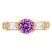 CLARA PUCCI 2.14 ct Brilliant Round Cut Simulated Alexandrite 14k Yellow Gold Solitaire with Accents Three-Stone Engagement Ring SZ 6.25