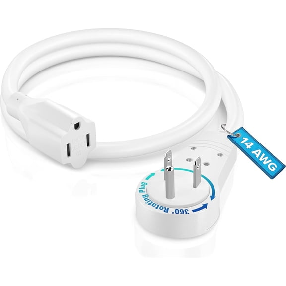 2 14Awg 360? Rotating Flat Plug Extension Cord/Wire, 3 Prong Grounded Wire, Heavy Duty Extension Cord - UL Certified - White