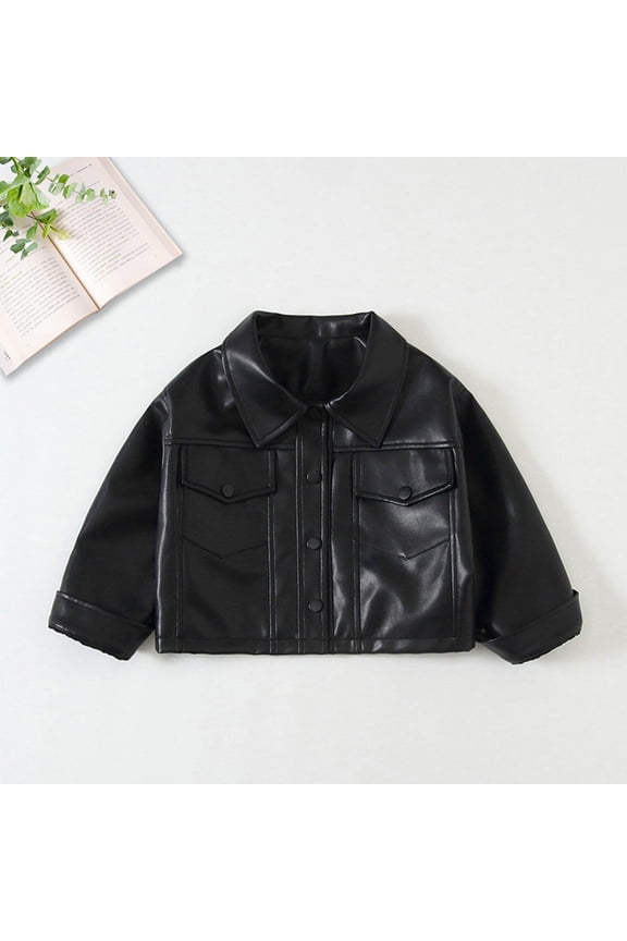 2-14Y Unisex Kids Chic Solid Color Faux Leather Moto Coat, Flexible Stretch Breathable Material, Long Sleeve Hooded Casual Outerwear for Boys Girls Multi-Scene Wear,Black