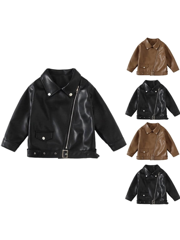 2-14Y Unisex Kids Solid Color Faux Leather Motorcycle Jacket, 95% Polyester 5% Spandex Stretch Fabric, Soft Breathable Long Sleeve Hooded Street Outerwear for Daily Holiday Travel,Black