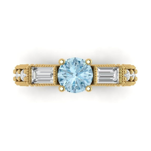 2.33 ct Round Cut Simulated Blue Diamond Three-Stone Engagement Ring for Women in 14K Yellow Gold