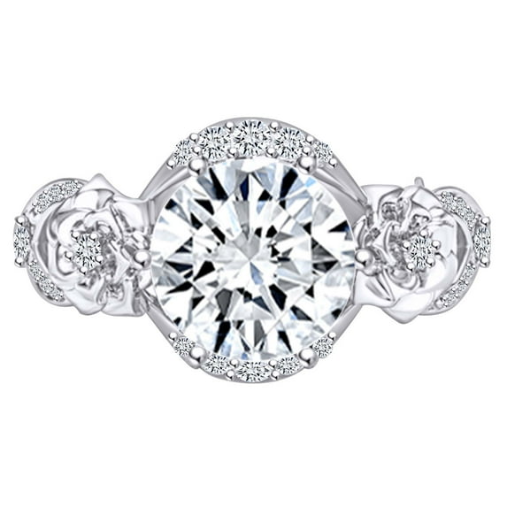 AFFY 2.15 Carat Round Shape Moissanite & Natural Diamond Flower Engagement Ring 14K Solid White Gold Ring Size-5