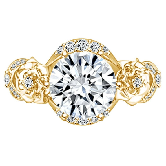 AFFY 2.15 Carat Round Shape Moissanite & Natural Diamond Flower Engagement Ring 14K Solid Yellow Gold Ring Size-9.5