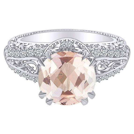 AFFY 2.15 Carat Round Simulated Morganite & Natural Diamond Vintage Style Engagement Ring 14K Solid White Gold Ring Size-5