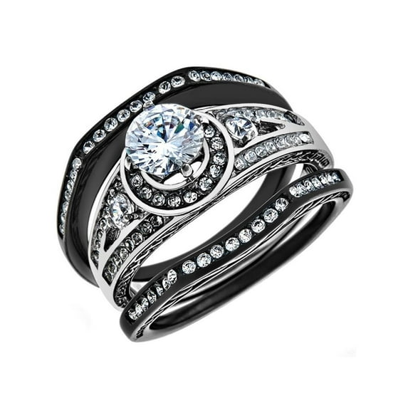 2.15 Ct Halo Round Cubic Zirconia Black Stainless Steel Wedding Ring Set Women's Size 6