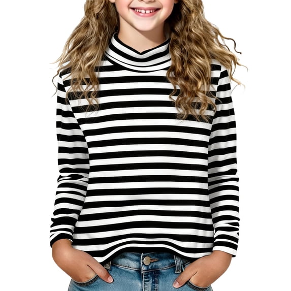 2-15 Years Girls Striped Long Sleeve Shirts Drop Shoulder Casual Fashionable Crewneck Blouse Tee Tops Black 10-11Years