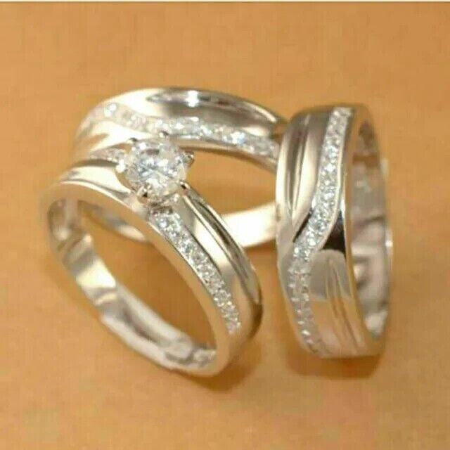 SILVER STARS GEMS & JEWELLERY 2.15Ct Round Cut Simulated Diamond 14K White Gold Plated Wedding Trio Ring Set, Anniversary Gift