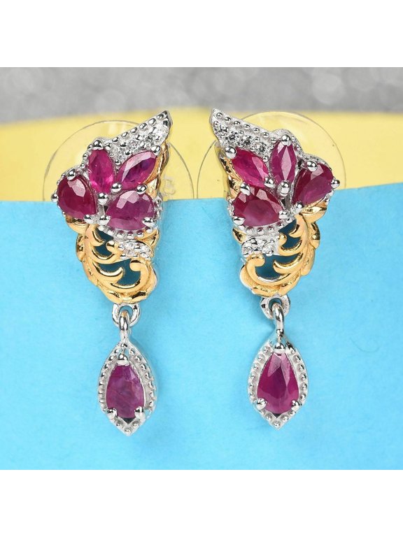 2.15ctw Burmese Ruby and Zircon Earrings in Platinum Over Sterling Silver