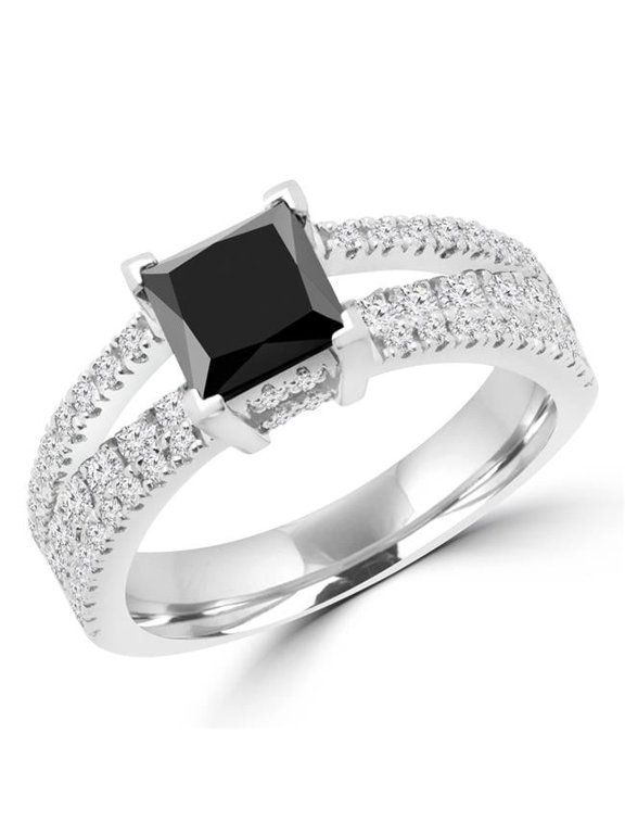 2.16 CTW Princess Black Diamond Split Shank Solitaire with Accents Engagement Ring in 14K White Gold - 7.75