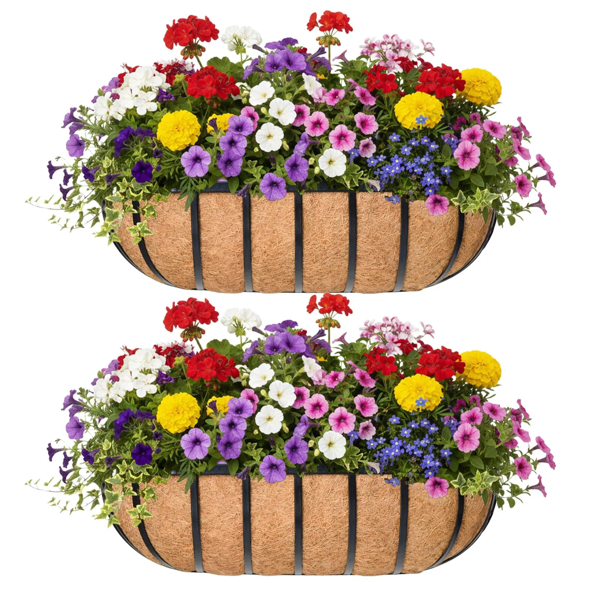 2 16 Inch Metal Wall-mounted Window Box with Coco Liner Outdoor Deck Balcony Porch Planter