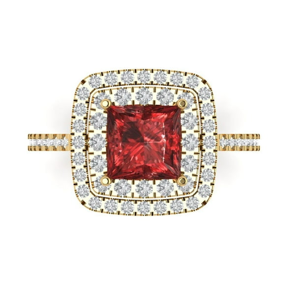2.07 ctw with Simulated Diamond Halo Accents Anniversary Ring for Women | Princess Cut Natural Garnet | Hyperallergenic Solid 18K Yellow Gold