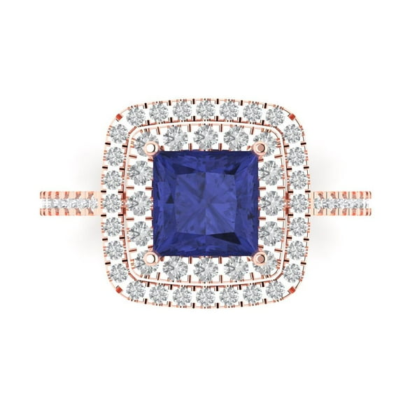 2.07 ct Princess Cut Simulated Tanzanite with Simulated Diamond Halo Accents 14K Rose Gold Womens Engagement Ring