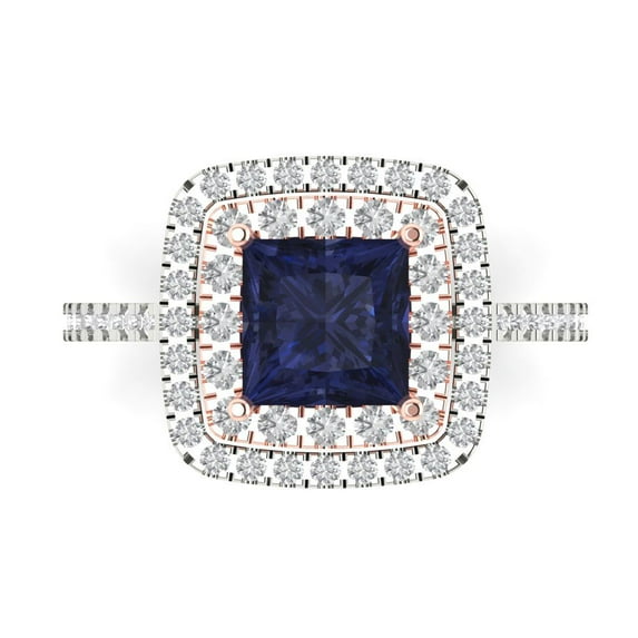 Halo Engagement Ring for Women - 2.07ct Simulated Blue Sapphire in 14K White/Rose Gold Promise Ring