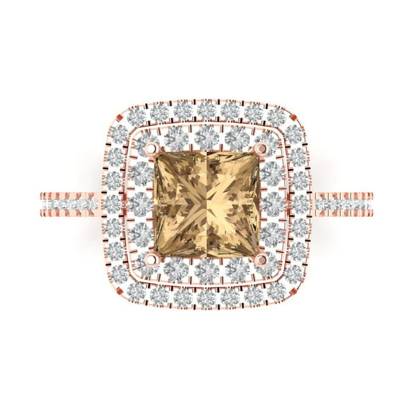 Halo Engagement Ring for Women - 2.07ct Simulated Champagne Diamond in 14K Rose Gold Promise Ring