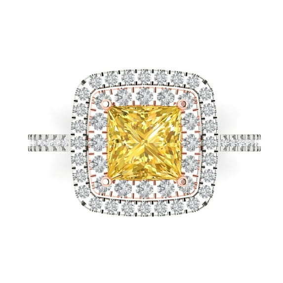 Halo Engagement Ring for Women - 2.07ct Simulated Yellow Diamond in 14K White/Rose Gold Promise Ring