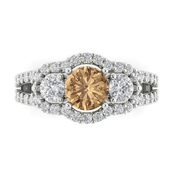 2.16 ctw 3 Stone Anniversary Ring for Women | Round Cut Simulated Champagne Diamond | Hyperallergenic Solid 14K White Gold