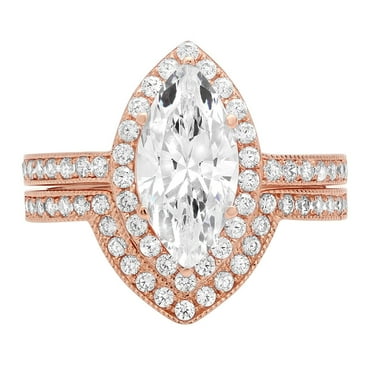 2.16 ct Marquise Cut Genuine Cultured Diamond SI1-SI2 I-J 18K Rose Gold Halo Engagement Wedding Bridal Set Designer Ring bW/ Set W/ Crystal side stones size 3.5