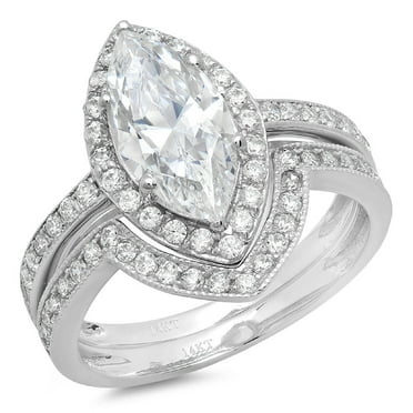 2.16 ct Marquise Cut Genuine Cultured Diamond SI1-SI2 J-K 18K White Gold Halo Engagement Wedding Bridal Set Designer Ring bW/ Set size 3.5