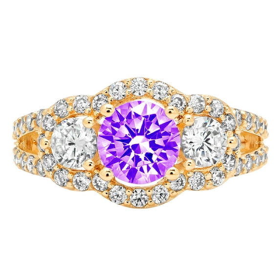 2.16 ct Round Cut Natural Amethyst 3 Stone 18K Yellow Gold Womens Engagement Ring