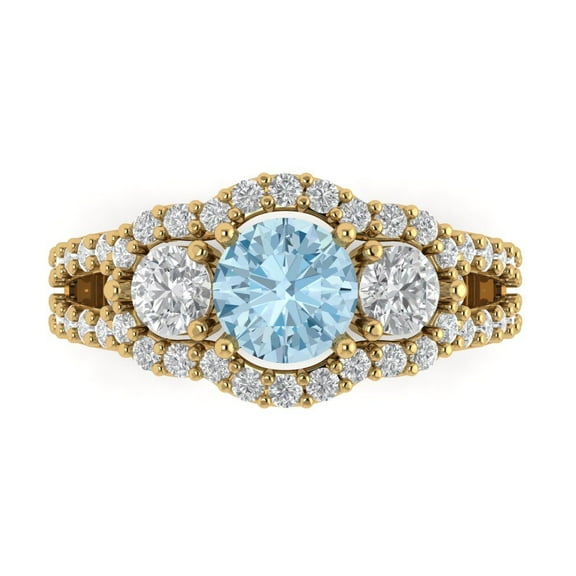 2.16 ctw 3 Stone Anniversary Ring for Women | Round Cut Natural Aquamarine | Hyperallergenic Solid 14K Yellow Gold