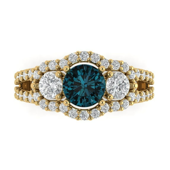 2.16 ct Round Cut Natural London Blue Topaz 3 Stone 18K Yellow Gold Womens Engagement Ring
