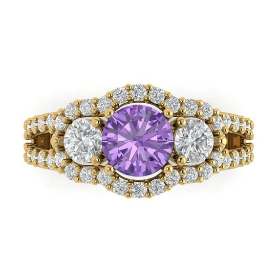 2.16 ct Round Cut Simulated Alexandrite Three-Stone Engagement Ring for Women in 18K Yellow Gold