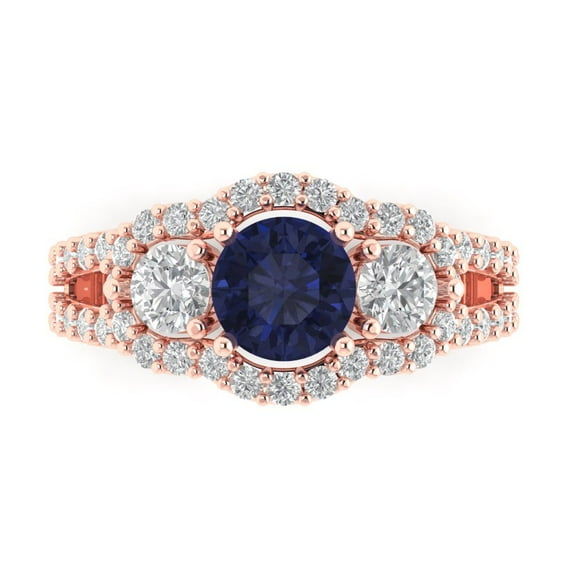 2.16 ct Round Cut Simulated Blue Sapphire 3 Stone 14K Rose Gold Womens Engagement Ring