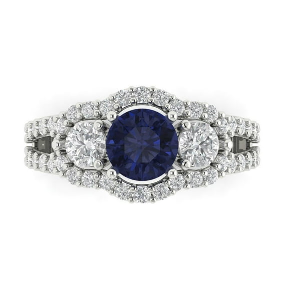 2.16 ct Round Cut Simulated Blue Sapphire 3 Stone 18K White Gold Womens Engagement Ring