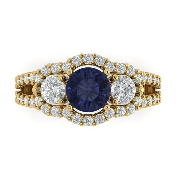 2.16 ct Round Cut Simulated Blue Sapphire Three-Stone Engagement Ring for Women in 14K Yellow Gold
