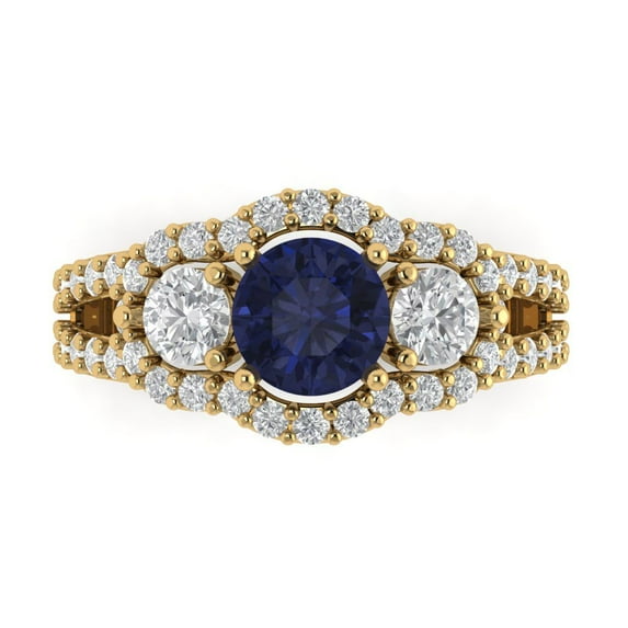 2.16 ct Round Cut Simulated Blue Sapphire Three-Stone Engagement Ring for Women in 18K Yellow Gold
