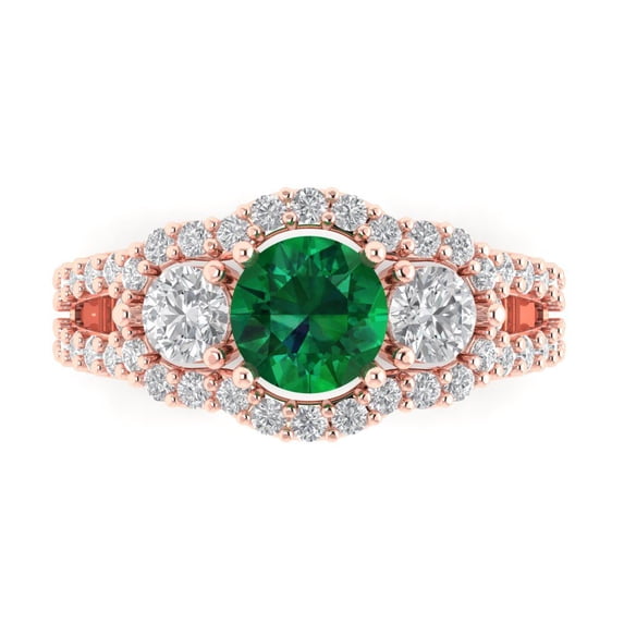 2.16 ctw 3 Stone Anniversary Ring for Women | Round Cut Simulated Emerald | Hyperallergenic Solid 14K Rose Gold