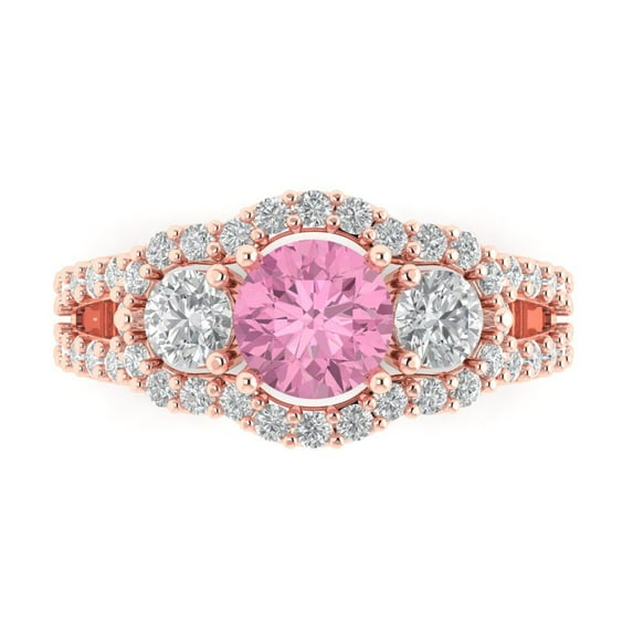 2.16 ctw 3 Stone Anniversary Ring for Women | Round Cut Simulated Pink Diamond | Hyperallergenic Solid 14K Rose Gold