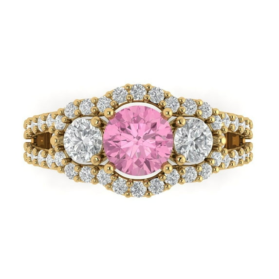 2.16 ctw 3 Stone Anniversary Ring for Women | Round Cut Simulated Pink Diamond | Hyperallergenic Solid 14K Yellow Gold