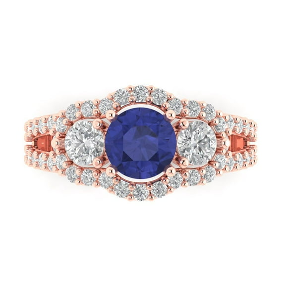 2.16 ct Round Cut Simulated Tanzanite 3 Stone 14K Rose Gold Womens Engagement Ring