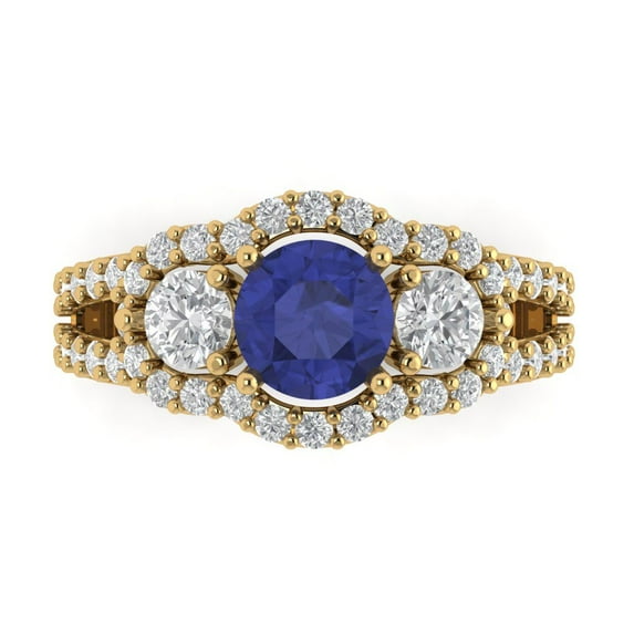 2.16 ct Round Cut Simulated Tanzanite 3 Stone 18K Yellow Gold Womens Engagement Ring