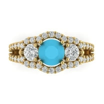 2.16 ctw 3 Stone Anniversary Ring for Women | Round Cut Simulated Turquoise | Hyperallergenic Solid 18K Yellow Gold