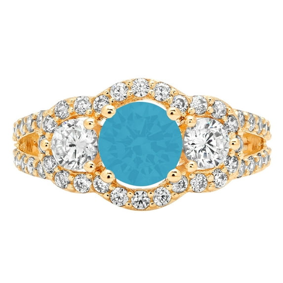 2.16 ct Round Cut Simulated Turquoise 3 Stone 18K Yellow Gold Womens Engagement Ring
