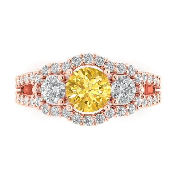 2.16 ct Round Cut Simulated Yellow Diamond 3 Stone 18K Rose Gold Womens Engagement Ring