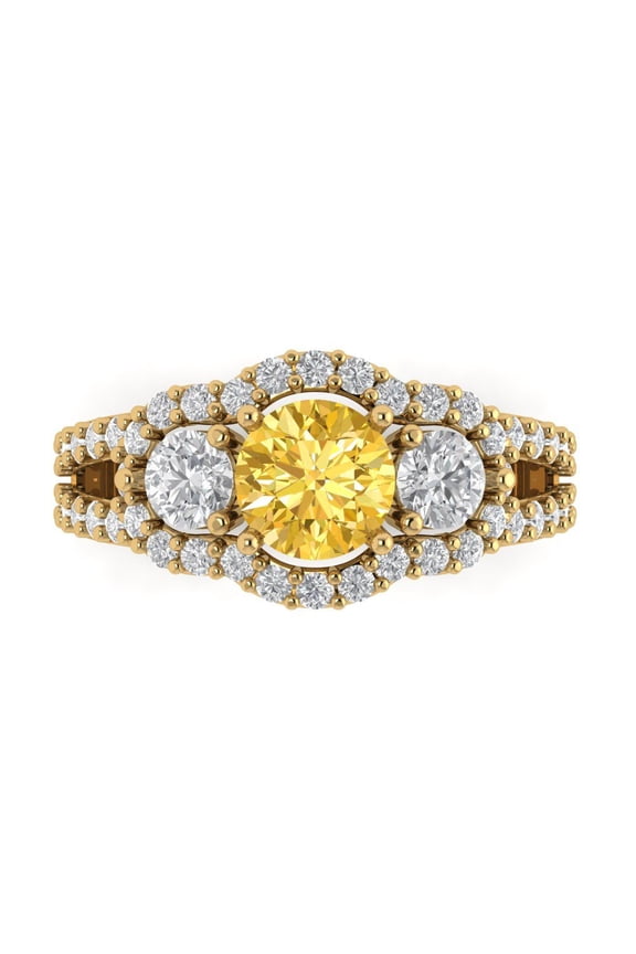 2.16 ct Round Cut Simulated Yellow Diamond Three-Stone Engagement Ring for Women in 18K Yellow Gold