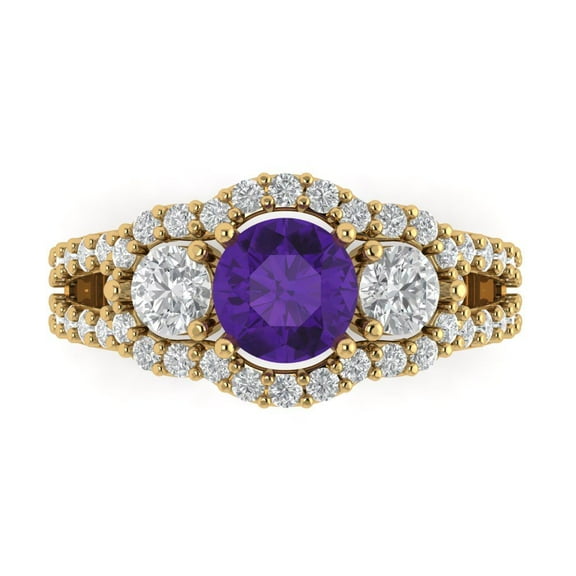 Three-Stone Engagement Ring for Women - 2.16ct Natural Amethyst in 14K Yellow Gold Promise Ring
