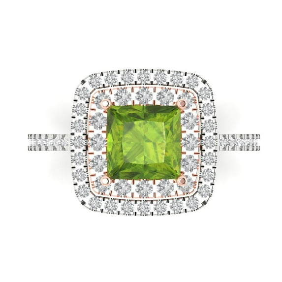 2.07 ct Princess Cut Natural Peridot with Simulated Diamond Halo Accents 18K White/Rose Gold Womens Engagement Ring